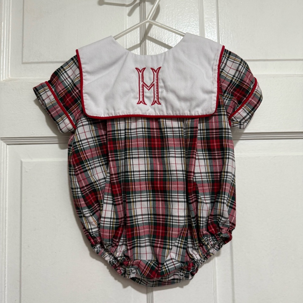 9 Month “M” Monogram One Piece Red Plaid Bubble Fall Christmas Outfit Collar